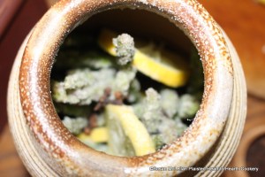 After the asparagus has lain in the water till they are cold for the receipt (recipe) To preserve Asparagus put them in a Vessel, without breaking them, with Salt, Cloves, slic'd Lemon.  The vessel is a salt glazed crock as red ware is not suitable for preserving solutions.