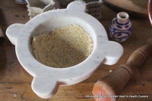 After the almonds have been blanched and hulls removed for the receipt (recipe) Orange Cheese-cakes with a Past for Them beat them very fine with orange flower water to keep them from oyleing.