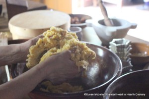 After the flour and sugar have been weighed for the past  part of the receipt (recipe) Orange Cheese-cakes with a Past for Them worke with your hands half a pound of butter then put to it by degrees the flower and suger.