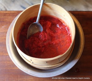 After the strawberries are mashed for the receipt (recipe) Strawberry Cream stain out the Juice.  A sieve pictured was used to separate the pulp from the juice.