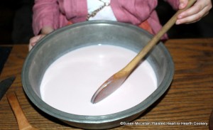 After the cream just comes to a boil for the receipt (recipe) Strawberry Cream put your Juice to it.  The juice is from mashed fresh strawberries put through a sieve.