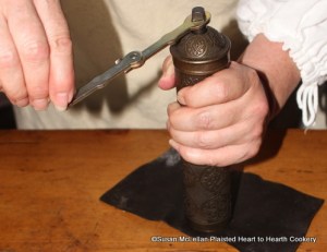 For the receipt (recipe) To make the drink that is now much used called coffee both the elaborately carved brass Turkish coffee grinder and a mortar and pestle were used to process the roasted coffee berries.  Coffee was first introduced into the Ottoman Empire in the mid-16th century and wood mortar and pestles were used to grind the coffee but produced a very coarse grind.  In the 17th century, the brass Turkish coffee grinder was introduced which produced a fine, even grind.  