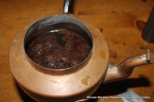 After the ounce of prepared coffee has been added to the quart of boiling water for the receipt (recipe) To make the drink that is now much used called coffee let it sit one-quarter of an hour and it is fit for your use.  The ground coffee sinks to the bottom of the pot.  The receipt recommend that you drink one-quarter of a pint as hot as you can sip it.