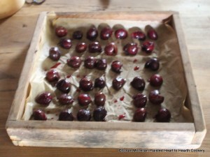 After the stoned cherries have been heated thoroughly in the sugar syrup for the receipt (recipe) To0 Dry Churrys lay them out.