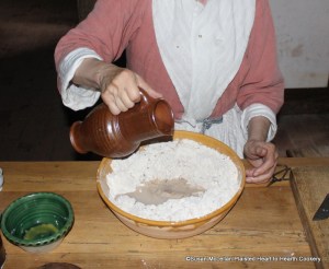 After the ale yeast has been added to the dry ingredients of the receipt (recipe) To make Cinamon Bisket add as much warme water as will make it thick as paste for manchets. A manchet is a small loaf of bread made from the whitest flour available.