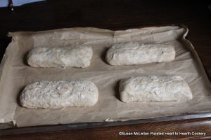 After water is added to mixture of flour, cinnamon, coriander seed, anise seed, eggs and ale yeast for the receipt (recipe) To make Cinamon Bisket make it in long rouls. 